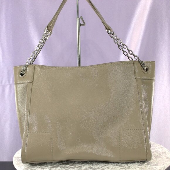 Tory Burch Patent Leather Chain Strap Tote Taupe Beige NWOT - Picture 2 of 14